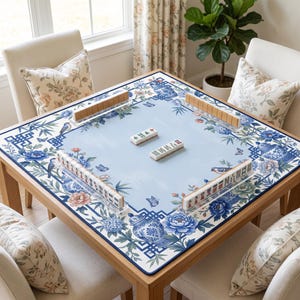 Blue White Chinoiserie Mahjong Mat, Peony Floral Natural Rubber Game Night (Drawstring Bag)