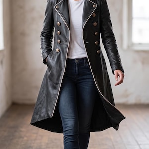 Long Black Leather Military Coat for Women, Double Breasted Gold Buttons, Genuine Sheep Leather, Custom Made to Measure