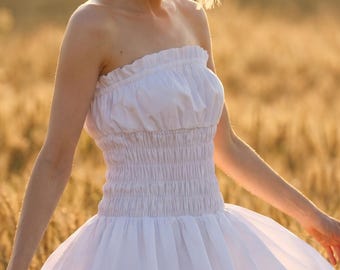 White Strapless Bubble Dress, Coquette Corset Balloon Skirt Mini Dress, Ruched Waist Party Dress, Bridal Shower Dress