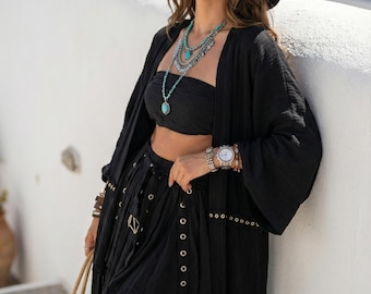 Black Boho Maxi Kimono, Tassel Trim Beach Kaftan, Long Bohemian Cover Up, Grommet Tape Detail Vacation Kimono