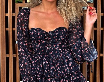 Black Floral Chiffon Corset Maxi Dress, Long Tie Sleeve Shirred Back Boho Dress, Romantic Flowy Long Dress