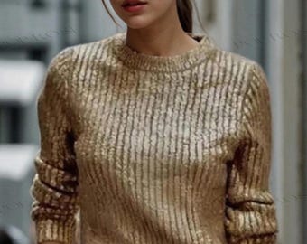 Gold Foil Ribbed Knit Top, Metallic Crew Neck Long Sleeve Sweater, Shiny Party Top, Office to Evening Fitted Knit
