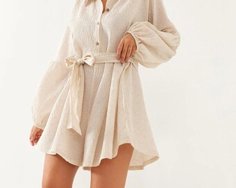 Cream Button Down Shirt Romper, Long Sleeve Boyfriend Shirt Playsuit, Textured Collared Shorts Jumpsuit, Casual Romper