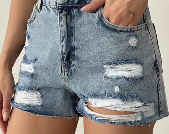 Distressed High Waist Denim Shorts, Ripped Frayed Hem Jean Shorts, Vintage Washed Summer Shorts with Pockets