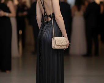 Black Satin Grecian Maxi Dress, Braided Tie Back Hellenistic Gown, Matte Satin Slit Evening Dress, Boho Goddess Dress
