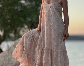Camel Floral Ruffle Strap Maxi Dress, Lined Boho Summer Dress, Beach Vacation Long Dress, Bohemian Sundress
