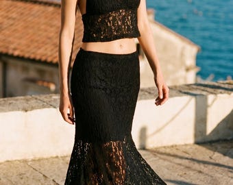 Black Lace Halter Bustier and Sheer Midi Skirt Set, Feminine Lace Two Piece Evening Outfit, Romantic Party Set