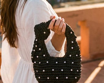 Black Macrame Clutch with Star Crystals, Half Moon Woven Straw Evening Bag, Lined Zipper Boho Handbag, Summer Clutch
