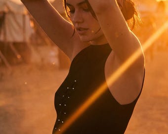 Black Ribbed Lace Up Corset Crop Top, Sleeveless Stretchy Bustier with Silver Beads, Fitted Going Out Top