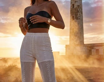 White Sheer Mesh Pants with Lined Shorts, Elastic Waist Fitted Trousers, Modern Layering Pants, Beach Cover Up Pants