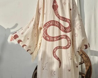 Beige Celestial Boho Kimono, Snake and Star Map Print Kaftan, Tassel Beach Cover Up, Festival Viscose Pareo Kimono