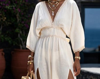 Ecru Boho Maxi Dress, Cotton Butterfly Cut Beach Dress, Double Slit Lace Bow Tie Bohemian Long Dress, Vacation Dress