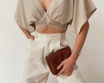Cream Linen V Neck Crop Blouse, Short Sleeve Back Tie Crop Top, Summer Linen Top, Cut Out Midriff Vacation Blouse