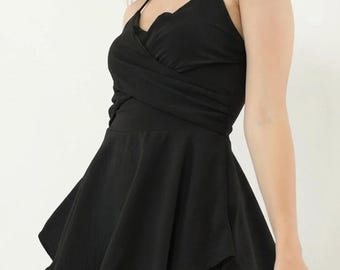 Black Ruffle Skater Romper, Strappy Puffy Skirt Look Mini Playsuit, Zip Back Stretchy Cocktail Romper, Party Jumpsuit
