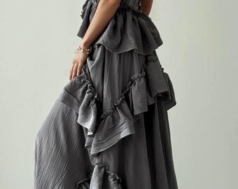 Gray Ruffle Tiered Maxi Dress, Tie Strap Flowy Summer Dress, Voluminous Beach Vacation Long Dress, Boho Sundress
