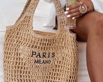 Large Straw Beach Bag, Double Thick Strap Woven Tote, Lined Zipper Summer Shoulder Bag with Inner Pocket, Vacation Bag