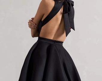 Black Scuba Halter Skater Dress, Tie Neck A Line Mini Cocktail Dress, Flared Party Dress, Little Black Dress