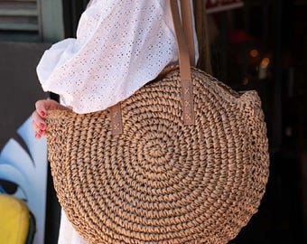 Round Woven Straw Beach Bag, Oval Leather Strap Crochet Tote, Lined Zipper Beach Club Bag, Summer Shoulder Bag
