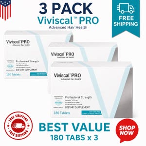May include: Three boxes of Viviscal PRO, a dietary supplement for advanced hair health. Each box contains 180 tablets. The packaging is white with blue accents and text that reads "Professional Strength".