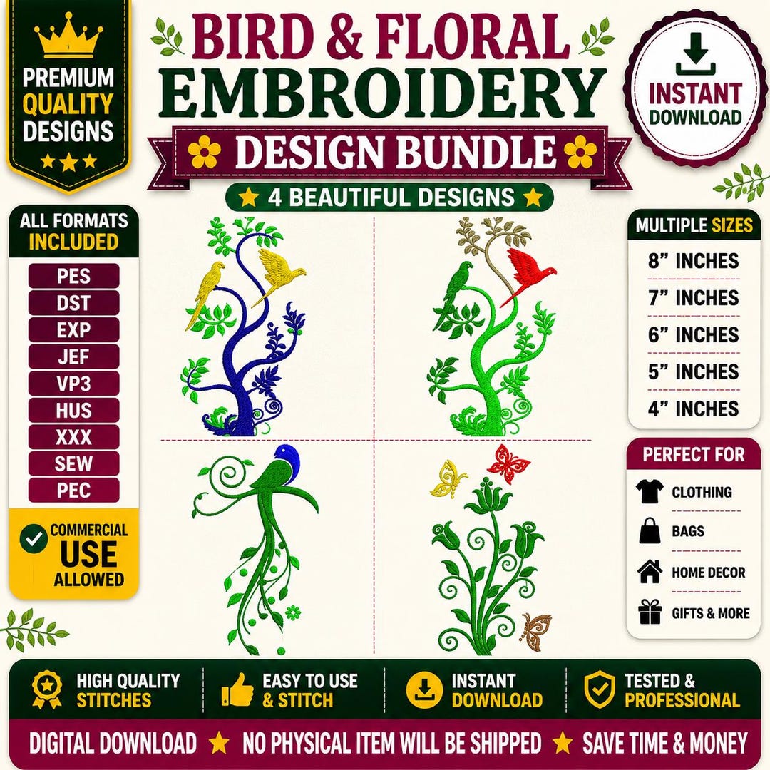 Bird Floral Embroidery Design Bundle | Nature Machine Embroidery ...
