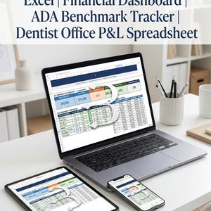 May include: A laptop, tablet, and smartphone display a dental practice budget template. The screen shows financial data, including figures like $65,000 and $78,000, with labels such as "Excel," "Financial Dashboard," and "ADA Benchmark Tracker."