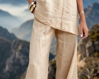 Linen Two Piece Set Women, Asymmetric Tunic, Wide Leg Pants, Casual Matching Set