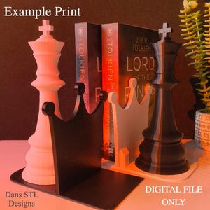 May include: Chess-themed bookends in white and black, featuring king chess pieces and crown designs. The bookends are holding books with the title "The Lord of the Rings". The words "Example Print" and "Digital File Only" are visible.