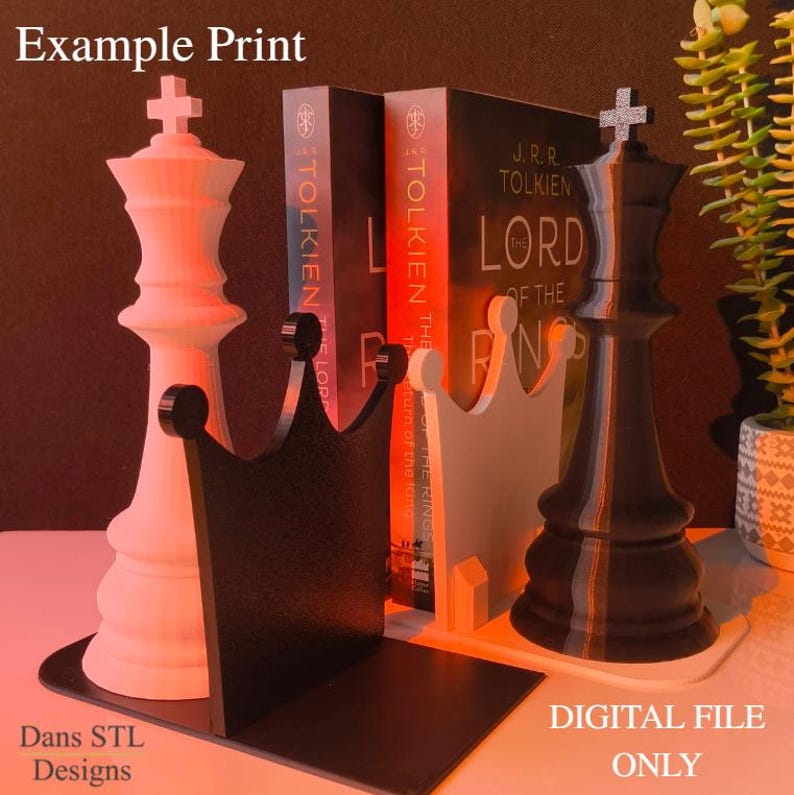 May include: Chess-themed bookends in white and black, featuring king chess pieces and crown designs. The bookends are holding books with the title "The Lord of the Rings". The words "Example Print" and "Digital File Only" are visible.