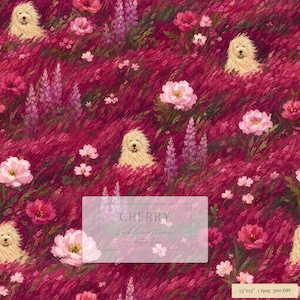 May include: A digital pattern featuring cream-colored fluffy dogs amidst a field of deep magenta brushstrokes, pink peonies, and purple lupines. A semi-transparent overlay displays the text CHERRY Sublimations Pattern. A label reads 13"x13" 1 Jpeg 300 DPI.