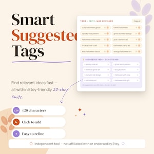 May include: A webpage screenshot with the title "Smart Suggested Tags." It features a list of Halloween-themed tags, including "cute halloween ghost" and "spooky kids pattern." The page also highlights the ability to find relevant ideas fast.