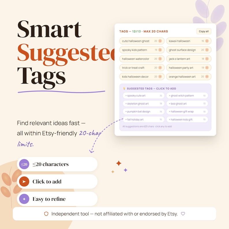 May include: A webpage screenshot with the title "Smart Suggested Tags." It features a list of Halloween-themed tags, including "cute halloween ghost" and "spooky kids pattern." The page also highlights the ability to find relevant ideas fast.