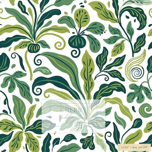 May include: A seamless digital pattern featuring stylised botanical elements in shades of dark forest green and light lime green on a white background. The design includes various leaf shapes, swirling vines, and a text overlay reading CHERRY.