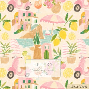 Op de afbeelding: Een pastelkleurig patroon met Italiaanse kusttaferelen, citroenen, roze scooters en parasols. Het ontwerp bevat de tekst "CHERRY Sublimations Patterns". De afbeelding is 30,48 cm x 30,48 cm en is een Jpeg-bestand.