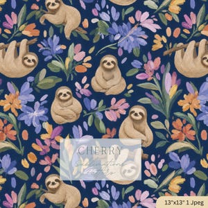 May include: A repeating pattern of sloths and flowers in shades of pink, orange, and purple on a dark blue background. The sloths are in different poses, some hanging, others sitting. The text "CHERRY Sublimations Patterns" is visible. The image size is 33 x 33 cm.