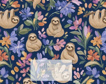 Sloth Floral Seamless Pattern, Navy Botanical Animal Print (Digital Download)