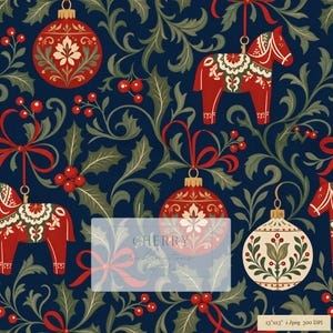 May include: A seamless pattern on a dark blue background featuring red and cream Christmas ornaments, Dala horses, and holly sprigs with red berries. A semi-transparent overlay displays the text CHERRY Sublimations Patterns and 13"x13" 1 Jpeg 300 DPI.