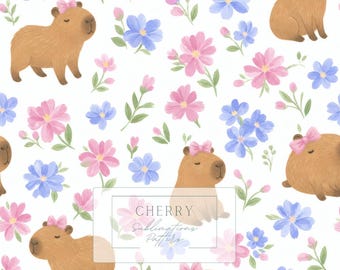 Pink Bow Capybara Floral Seamless Pattern, Girls Nursery Digital Paper JPEG