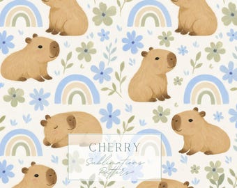 Capybara Seamless Pattern, Boho Rainbow Floral Digital Paper (JPEG Download)