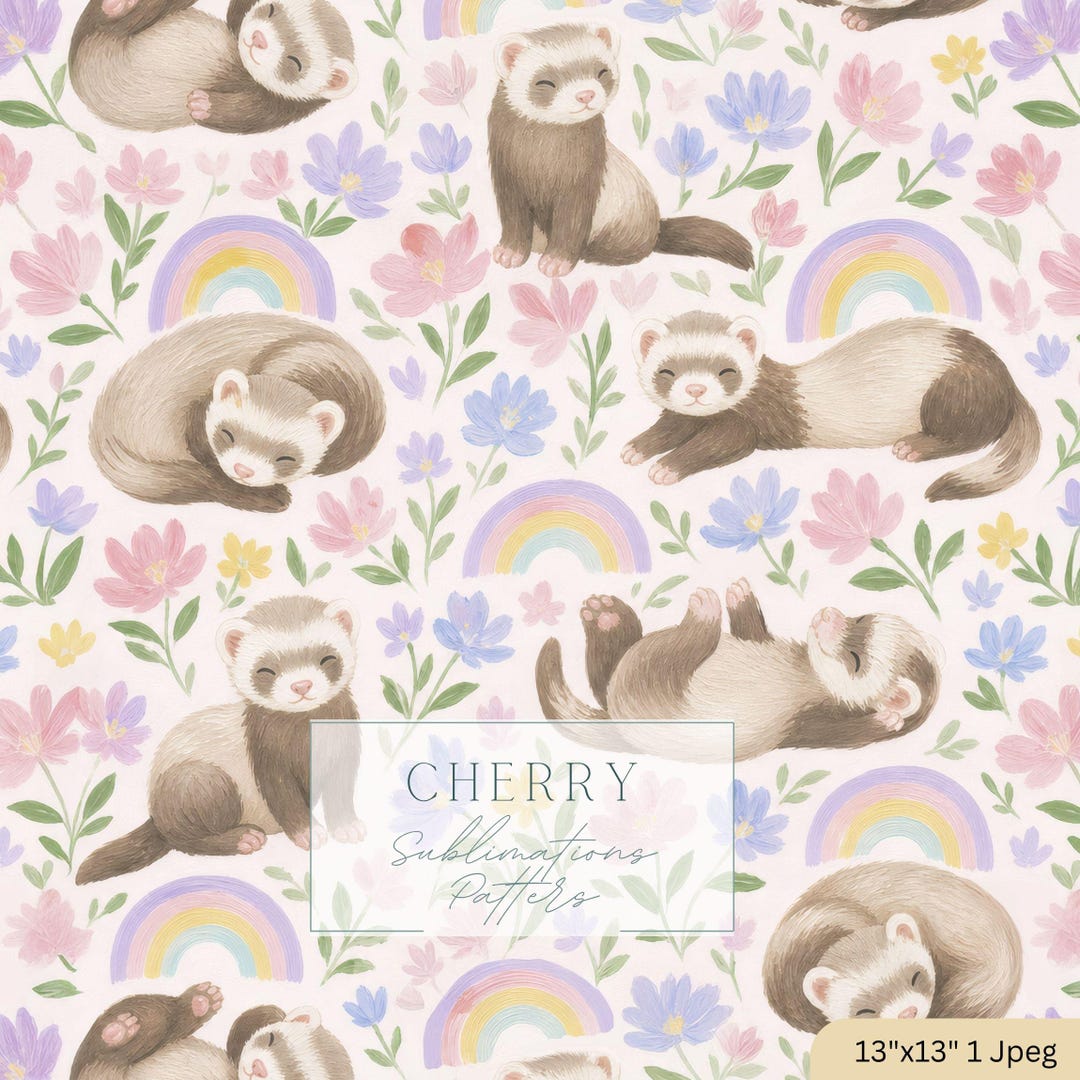 Ferret Seamless Pattern | Pastel Rainbow Floral Fabric Design (digital ...