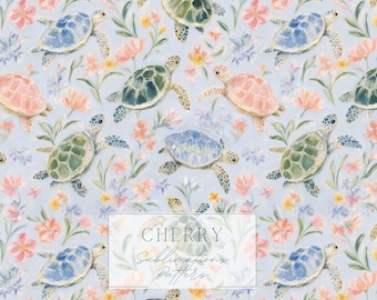 Watercolor Sea Turtle Seamless Pattern, Pastel Floral Ocean Digital Paper, Nursery Coastal Design Download