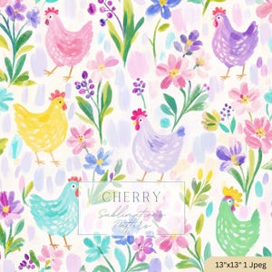 May include: A colorful pattern featuring painted chickens in pink, yellow, purple, and teal, interspersed with flowers and foliage. The design includes the text "CHERRY Sublimation Patterns" in a white rectangle. The image is 13x13 inches.