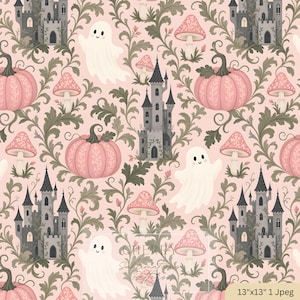 May include: A repeating pattern on a light pink background featuring grey castles, white ghosts, pink pumpkins, and pink mushrooms with white spots, all intertwined with dark green leafy vines. The text CHERRY Sublimation Patterns is visible.