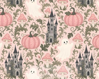 Pink Halloween Seamless Pattern | Cute Ghost Pumpkin Castle Mushroom Floral Damask | Digital Paper for Fabric Wallpaper POD Sublimation