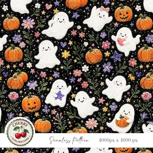 Pode incluir: Um padrão sem costura com fantasmas brancos, abóboras laranja, flores coloridas e estrelas em um fundo preto. O design inclui o texto "Seamless Pattern" e as dimensões "4000px x 4000 px".