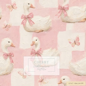 Könnte beinhalten: Ein sich wiederholendes Muster mit weißen Enten mit rosa Schleifen und hellrosa Schmetterlingen auf einem strukturierten rosa-weißen Blockhintergrund. Das Bild enthält den Text CHERRY Sublimations Patterns und ein Etikett mit 33,02x33,02 cm 1 Jpeg 300 DPI.