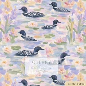 Puede incluir: Patrón de acuarela con somorgujos nadando en un estanque con nenúfares y flores en tonos rosas, morados y verdes. El texto "CHERRY Sublimations Patterns" se muestra en un rectángulo blanco. Tamaño de la imagen: 33cm x 33cm.