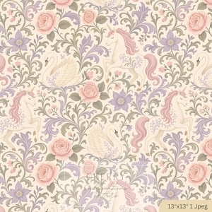 May include: A repeating pattern on a cream background featuring white unicorns with pink manes, white swans, and pink roses intertwined with purple and sage green acanthus leaves. The text CHERRY SUBLIMATIONS PATTERNS is visible in the center.