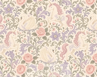 Unicorn Swan Damask Pattern | William Morris Pastel Pink Lavender Floral | Digital Paper Fabric Print