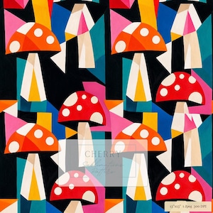 May include: A repeating pattern featuring stylized mushrooms with red and orange caps adorned with white spots, set against a geometric background of black, pink, yellow, and teal shapes. A watermark reads CHERRY Sublimations Patterns.