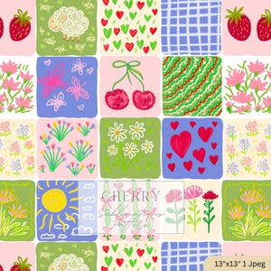 Op de afbeelding: Een kleurrijk patroon met handgetekende illustraties van aardbeien, schapen, harten, vlinders, kersen, bloemen en een zon. De tekst "CHERRY Sublimations Patterns" is zichtbaar. De afbeelding is 33 cm x 33 cm groot.